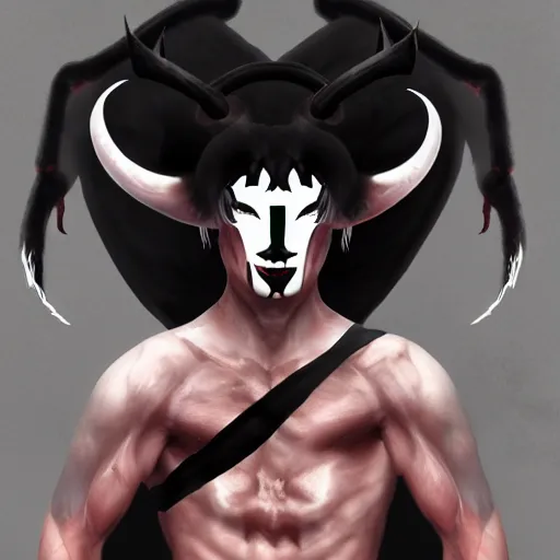 Prompt: fit demon with white horns, white face, young, careless, full body, still, photograph, digital painting, trending on artstation, masterpiece, in the style of JB Casacop