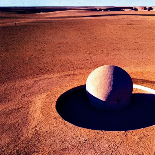 Image similar to a Non-Euclidean orb-like clay building sitting in the desert, vintage photo, beautiful cinematography, blue sky, film grain, extreme wide shot, far away, in the distance, James Turrell