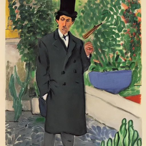 Image similar to sherlock holmes posing for a portrait, garden, smoking cigar, by henri matisse