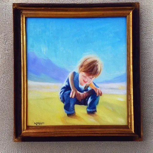 Image similar to “a little boy happy golden hour oil panting”