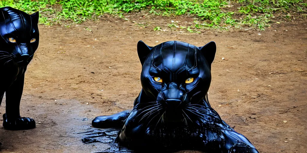 Image similar to the smooth black panther, made of smooth black goo, bating in tar in the zoo exhibit, viscous, sticky, full of tar, covered with black goo. photography, dslr, reflections, black goo, zoo, exhibit