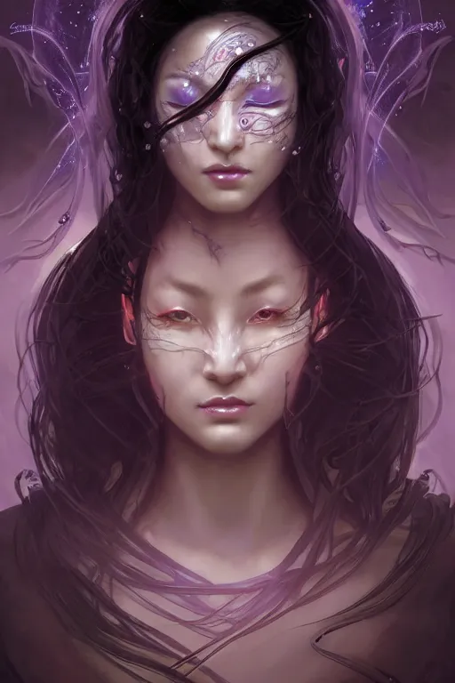 Prompt: beautiful mystery and gorgerous and black magic and stunning female ninja with face mask portrait+smoky eyes+light flowing hair, in mudra and firefly night ruin tokyo temple, ultradetail face, art and illustration by tian zi and craig mullins and WLOP and alphonse mucha, dynamic light, ssci-fi, fantasy, intricate complexity, fantasy world concept, watermark, blurry, hyperrealism 8k