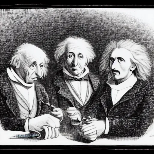 Image similar to Einstein, Isaac Newton, and Nikolai Tesla sharing a joint, drawing