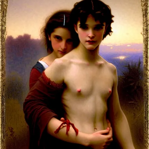 Image similar to twilight version of stranger things, portrait of edward and bella by william - adolphe bouguereau in the style of gaston bussiere, art nouveau