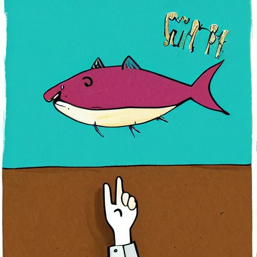 Image similar to illustration of a catfish giving a thumbs up in the style of bojack horseman, by lisa hanawalt