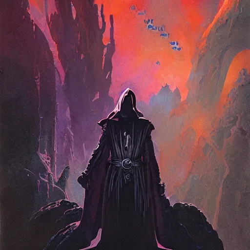 Prompt: portrait of angry evil obe wan kenobe as a dark sith, overwhelming energy, detailed background by m. w. kaluta + bruce pennington, dark side, volumetric lighting, colorful vapor, deep dark color, floating molecules, digital painting, oil painting, artwork by ralph mcquarrie + cory loftis + andreas rocha + paul lehr + ian mcque + eddie mendoza