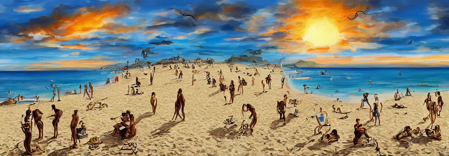 Image similar to People in beach by Salvador Dali and Bob Ross collaboration, mural, sun set, digital art, high details