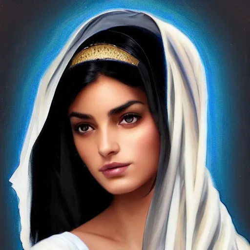 Image similar to faceshot of modern tanned Ameera al-Taweel, blue eyes, wavy black hair, white veil, highly detailed, digital painting, artstation, concept art, smooth, sharp focus, illustration, trending on ArtStation, art by artgerm and greg rutkowski and alphonse mucha and J. C. Leyendecker and Edmund Blair Leighton and Katsuhiro Otomo and Geof Darrow and Phil hale and Ashley wood and Ilya repin and Charlie Bowater