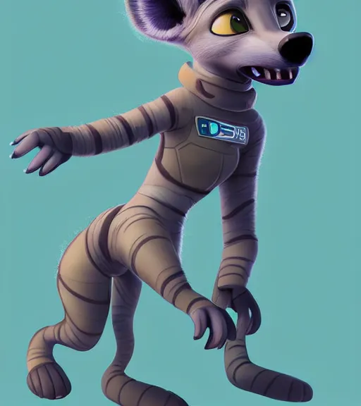 Image similar to digital detailed full body of anthromorphic female hyena, in style of zootopia, fursona, furry, furaffinity, 4 k, deviantart, wearing astronaut outfit, in style of zootopia, floating in space, space background, in deep space, dark background, hyena fursona, cyberpunk, female, detailed face,