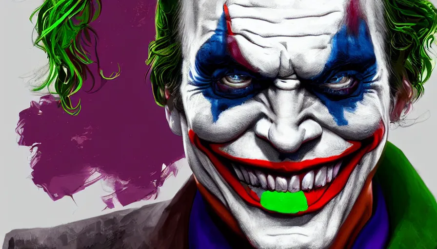 Prompt: Digital painting of Bill Skasgard as Joker, hyperdetailed, artstation, cgsociety, 8k