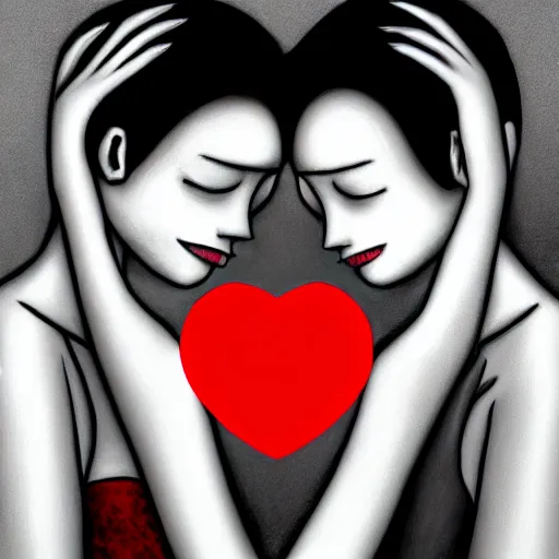 Image similar to two red hearts, friendship, love, sadness, dark ambiance, concept by Godfrey Blow, featured on deviantart, drawing, sots art, lyco art, artwork, photoillustration, poster art