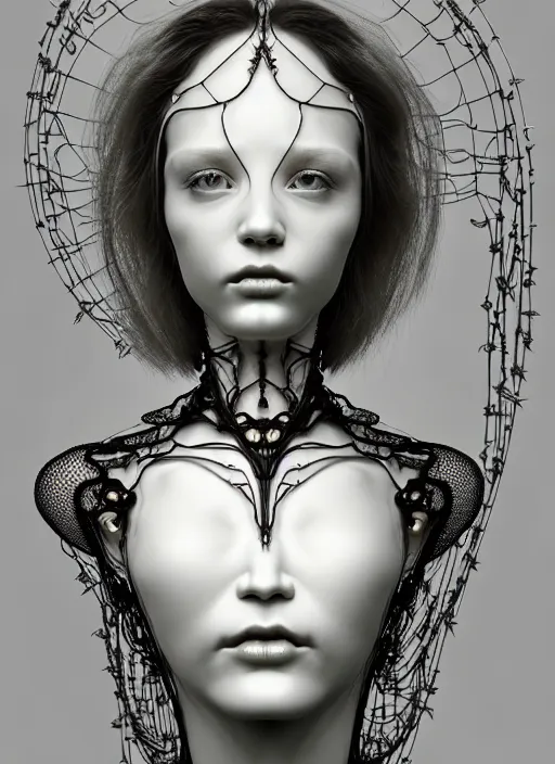 Image similar to dreamy soft luminous bw 3 d octane render, beautiful spiritual angelic biomechanical albino girl cyborg with a porcelain profile face, very long neck, rim light, big leaves and stems, roots, fine foliage lace, alexander mcqueen, art nouveau fashion embroidered collar, steampunk, silver filigree details, hexagonal mesh wire, mandelbrot fractal, elegant