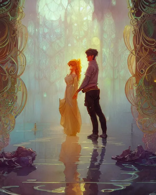 Image similar to secret romance, highly detailed,, gold filigree, romantic storybook fantasy, soft cinematic lighting, award, disney concept art watercolor illustration by mandy jurgens and alphonse mucha and alena aenami, pastel color palette, featured on artstation