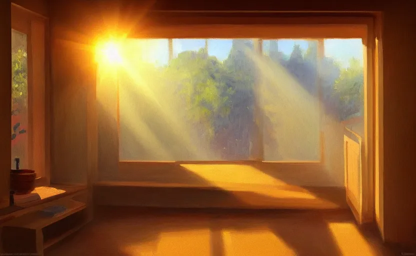 Image similar to happy morning and the rays of the morning sun shining through the window of the village house. very beautiful, clear sky, warm colors, oil painting, high detail, trending on artstation