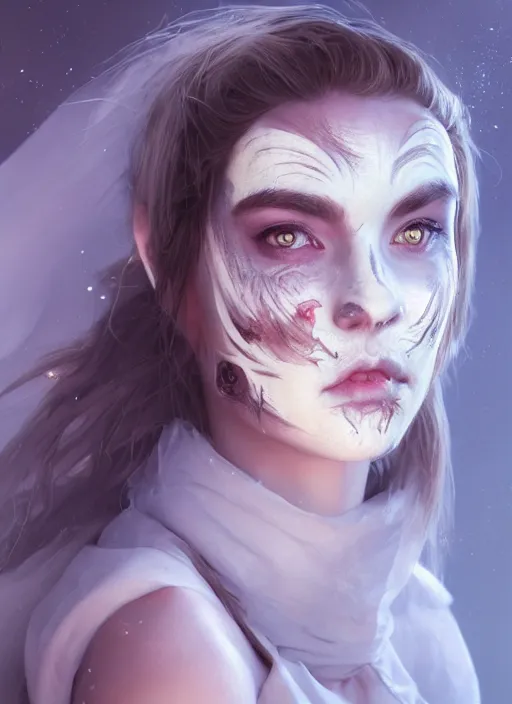 Image similar to portrait of beautiful girl with full pouty lips, skeksis, white face paint, bandaged nose, striking eyes, fullbody, insanely detailed, procedural rendering, greg rutkowski, charlie bowater, yuumei, yanjun cheng, unreal 5, daz, hyperrealistic, octane render, rpg portrait, dynamic lighting, fantasy art, beautiful face