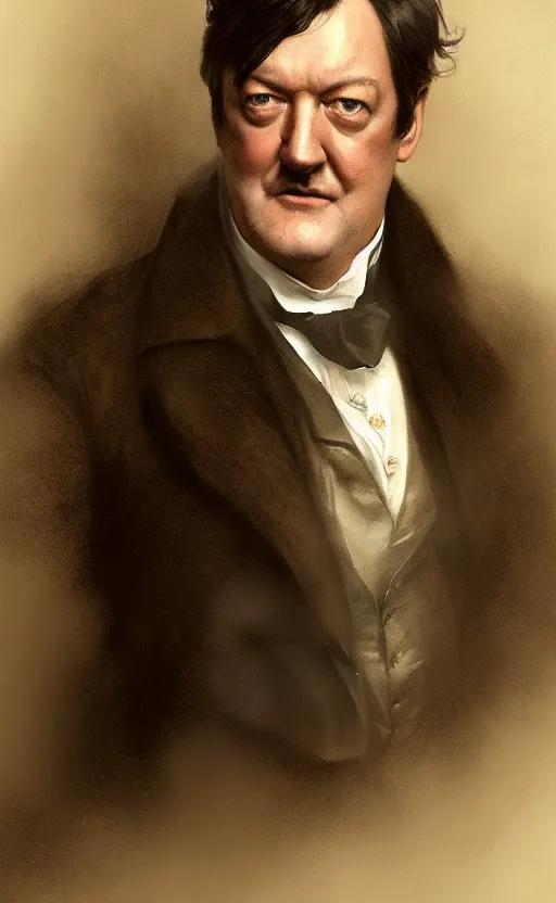 Prompt: Portrait of Stephen Fry as a victorian gentleman, male, detailed face, 19th century, highly detailed, cinematic lighting, digital art painting by greg rutkowski