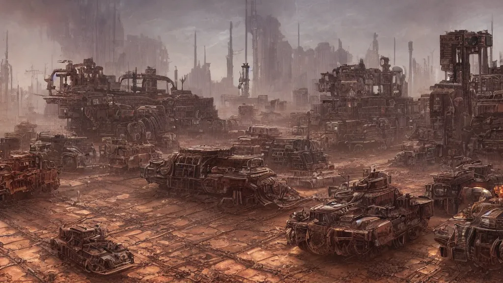 Prompt: A rusty old Mortal Engine City on tank tracks trundling along in a hot sunny desert, gleaming volumetric-lighting-style atmosphere, a dark gloomy futuristic atmosphere, intricate, detailed, photorealistic imagery, oil on canvas, illustrated by Ian McQue, trending on artstation, 4k, 8k