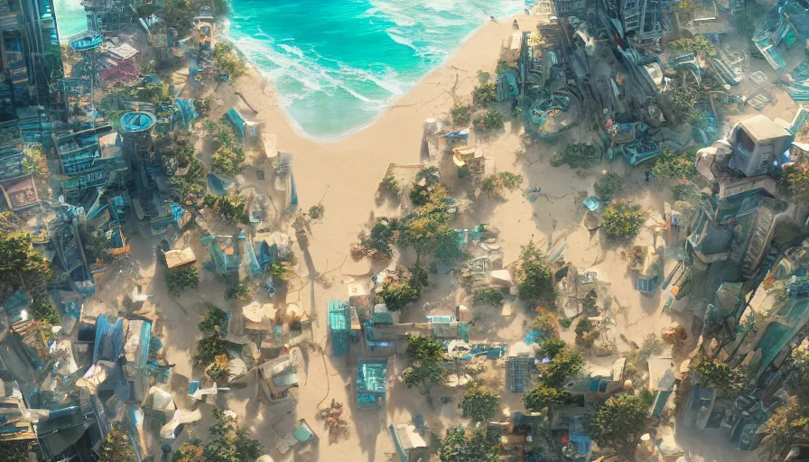 Prompt: A highly detailed matte painting of a beautiful cyberpunk dystopian beach resort beach with golden shimmering sands by Studio Ghibli, Mokoto Shinkai, by Artgerm, by beeple, volumetric lighting, octane render, 4K resolution, trending on artstation