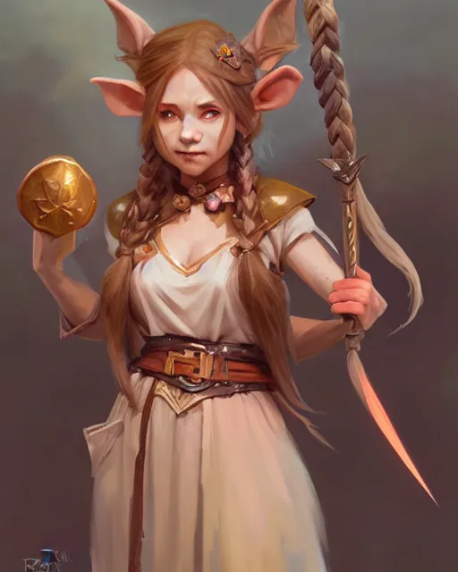 Prompt: portrait little witch, dungeons and dragons firbolg character art young female, holding fantasy magic shield, attractive firbolg, braid hairstyle, long light peach color hair, mechanical ferret at her side, bloom, intricate, elegant, sharp focus, illustration, highly detailed, digital painting, concept art, matte, art by ruan jia and greg rutkowski, masterpiece