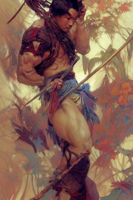 Image similar to attractive muscular man, short hair, wuxia, colorful, painting by gaston bussiere, craig mullins, greg rutkowski, alphonse mucha