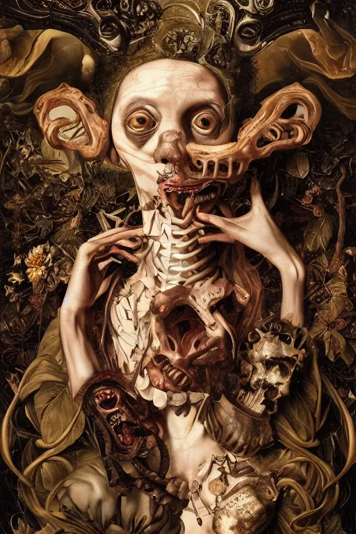 Image similar to Detailed maximalist portrait with large lips and with large wide eyes, surprised expression, surreal extra flesh and bones, HD mixed media, 3D collage, highly detailed and intricate, illustration in the golden ratio, in the style of Caravaggio, dark art, baroque