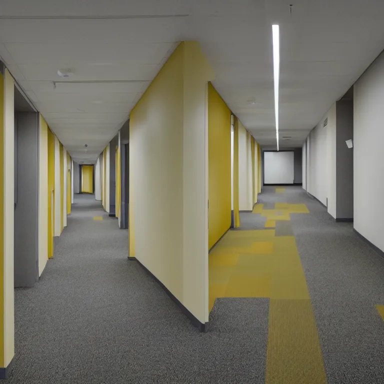 Image similar to liminal abandoned office hallways with walls and carpeting with a monochromatic tone of pale yellow, fluorescent lights, pale yellow walls, pale yellow carpet flooring, european office