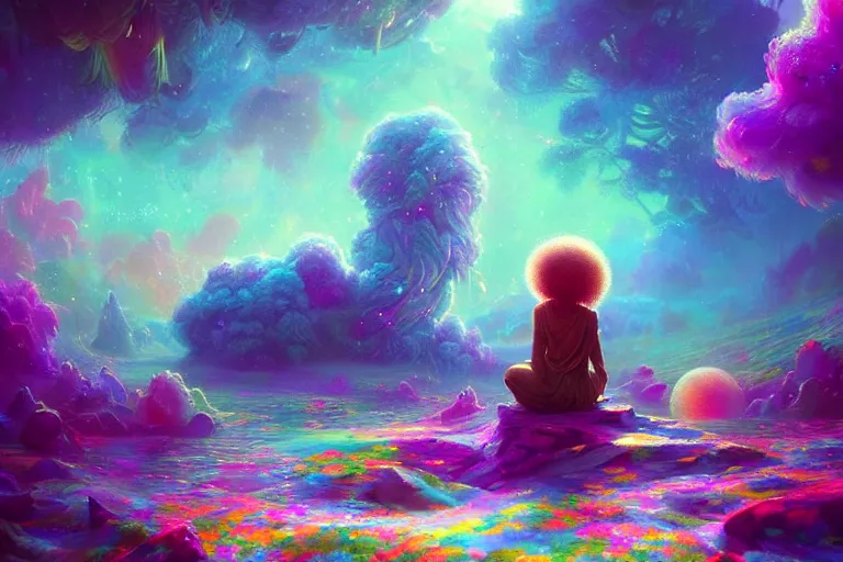Image similar to a psychedelic realm made entirely out of love and acceptance | astral beings sharing love!!!! | in the style of greg rutkowski! | and wlop | and lisa frank! | and bob ross!!! | and ruan jia | illustration | epic | fantasy | hyper detailed | smooth | unreal engine | sharp focus | ray tracing