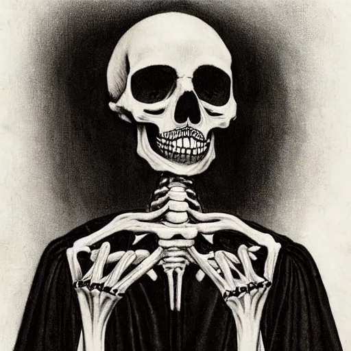 Image similar to scrawny teenage girl with short black hair and black irises. black and white skull facepaint. pointed face. black robes, corset of rib bones, bone ear piercings. femme-androgynous. surrounded by skeletons. skulls in hands, black white and light blue color scheme, baroque, by Michelangelo, high detail