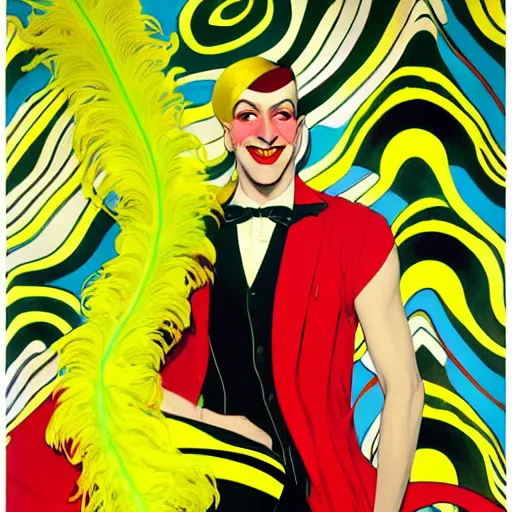 Image similar to art by joshua middleton, the yellow creeper, a tall manically smiling yellow - skinned man with green and black striped cycling shorts and wearing a long red and black striped ostrich feather boa, yellow makeup, mucha, kandinsky, poster, art deco motifs, comic art, stylised modern design, scarlet feather boa