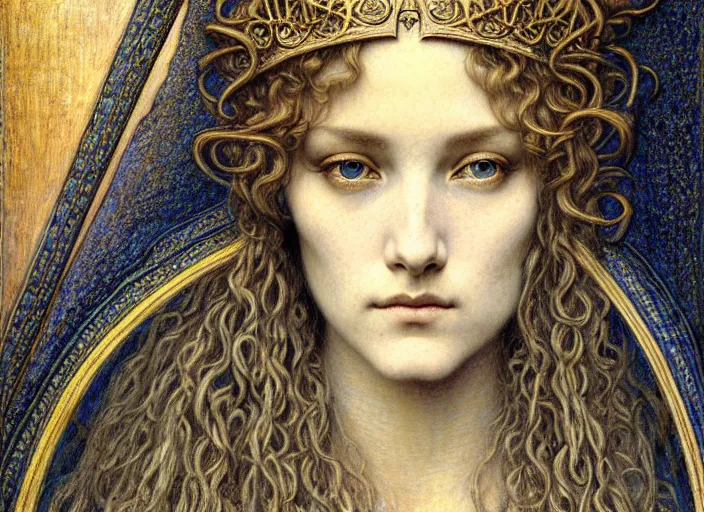 Image similar to detailed realistic beautiful young medieval queen face portrait by jean delville, gustave dore and marco mazzoni, art nouveau, symbolist, visionary, gothic, pre - raphaelite. horizontal symmetry