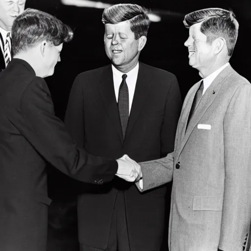 Prompt: black and white photo of president kennedy shaking hands with an alien