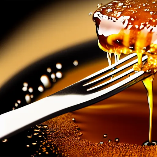 Image similar to A beautiful hyper realistic ultra detailed lifelike cinematic still of fork covered in dripping honey, unreal engine, deviantart, flickr, artstation, octane render, textured, colorful, extreme realistic detail, physically based rendering, pbr render, very detailed, volumetric lighting, detailed lighting, octane render, 4k, cinematic lighting, 8k resolution