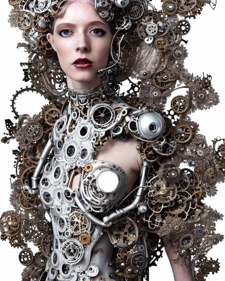 Image similar to highly detailed full body photo of a complex bio-mechanical beautiful young female cyborg with a steampunk metal fine lace face, retrofuturistic depressing hopeless horrific vibe, full shot, full body, pale skin, curled silver metallic hair and a fine metal floral foliage lace collar by Alexander McQueen:: high fashion, haute couture, rococo, steampunk, fine silver filigree details, anatomical, facial muscles, cable wires, microchip, elegant, hyper realistic, 150 mm lens, soft rim light, octane render, unreal engine, volumetric lighting, 8k, muted reflective metallic coloring, sharp focus