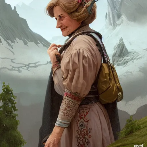 Prompt: mrs doubtfire as a witch, mage tower far away, glacier landscape, d & d, fantasy, intricate, elegant, highly detailed, digital painting, artstation, concept art, matte, sharp focus, illustration, art by greg rutkowski and alphonse mucha