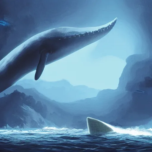 Prompt: A giant blue whale in an empty ocean, the whale has a city of ruin on it's back, fantasy art, cg artist