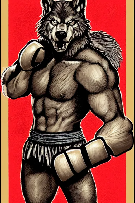 Prompt: extreme long shot. 8 bit nes graphics. antropomorphic muscular masculine wolf. kickboxer fighter, in shorts. wolf head. fine details, art from nes game cartridge, marc simonetti and hermann nitsch