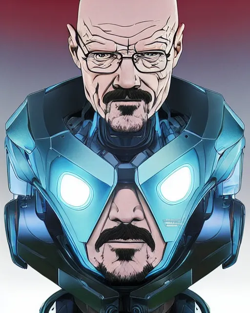 Image similar to portrait of walter white as a robot, cybernetic enhancements, art by makoto shinkai and alan bean, yukito kishiro