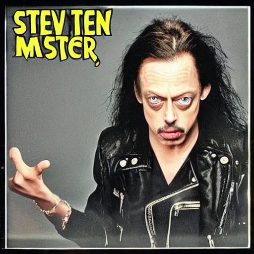 Prompt: Steve Buscemi as an 80s metal singer with long hair on an album cover, black leather, retro, Metallica, david lee Roth, brain may