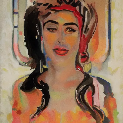 Prompt: salma hayek portrait, style by kandinsky, art deco, portrait