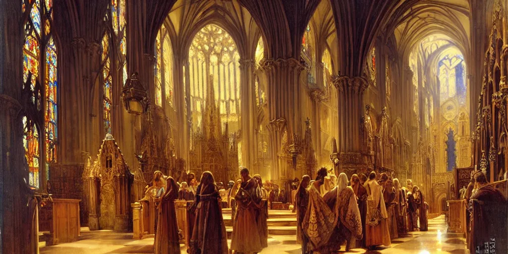 Image similar to inside a giant medieval cathedral, intricate details. highly detailed painting by gaston bussiere, j. c. leyendecker 8 k