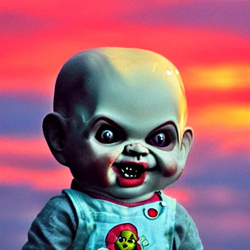 Image similar to sunset clouds in the shape of screaming chucky doll