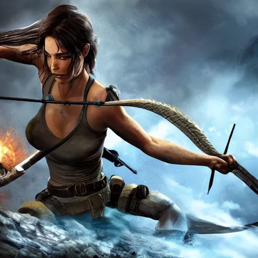 Prompt: lara croft fights a dragon, high quality concept art