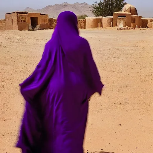 Image similar to low shot photo of feminine and lean arab woman wearing a long purple dress, wearing burqa, strutting, with najdi mud houses in the background, in the style of annie leibovitz amd steve meiele