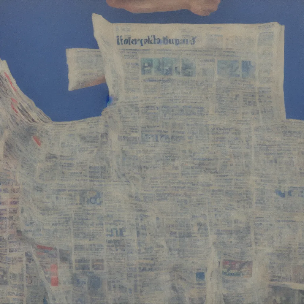 Image similar to oil painting of a very thick roll of newspaper standing vertically against a blue background, impressionist artwork