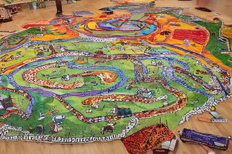 Image similar to an elaborate kids road map carpet rug, detailed, made of alcohol ink on parchment and penned illustrations, by wes anderson and geoff darrow!!!!!