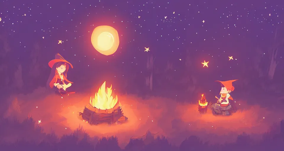 Image similar to Illustration of a small cute witch sitting by cozy bonfire in the forest meadow under starry sky and shooting star, digital pixel art, pixiv by Aenami