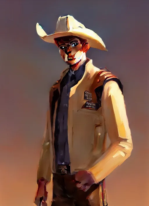 Prompt: ultradetailed beautiful panting of a stylish young man wearing a explorer suit with a cowboy hat, dramatic, he has blond hair, distressed, volumetric light, by greg rutkowski, ilya kuvshinov, james jean, makoto shinkai, on artstation