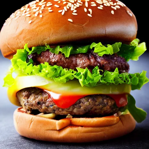 Prompt: close ups photo of a delicious cheeseburger with lots of toppings, studio lighting 5 0 mm photograph