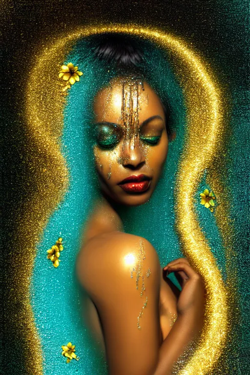 Image similar to hyperrealistic postrococo cinematic very expressive! black oshun goddess, in water up to her shoulders, mirror dripping droplets!, gold flowers, highly detailed face, digital art masterpiece, smooth eric zener cam de leon dramatic pearlescent volumetric teal light, high angle uhd 8 k, sharp focus