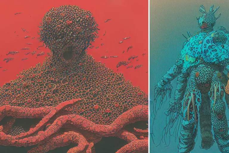 Prompt: risograph grainy drawing vintage sci - fi, satoshi kon color palette, gigantic gundam full - body covered in dead coral reef 1 9 6 0, kodak, with lot tentacles, natural colors, codex seraphinianus painting by moebius and satoshi kon and dirk dzimirsky close - up portrait